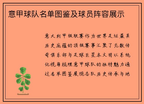 意甲球队名单图鉴及球员阵容展示