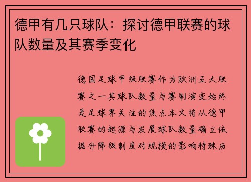 德甲有几只球队：探讨德甲联赛的球队数量及其赛季变化