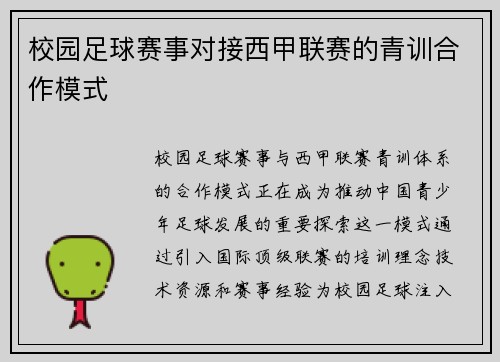 校园足球赛事对接西甲联赛的青训合作模式